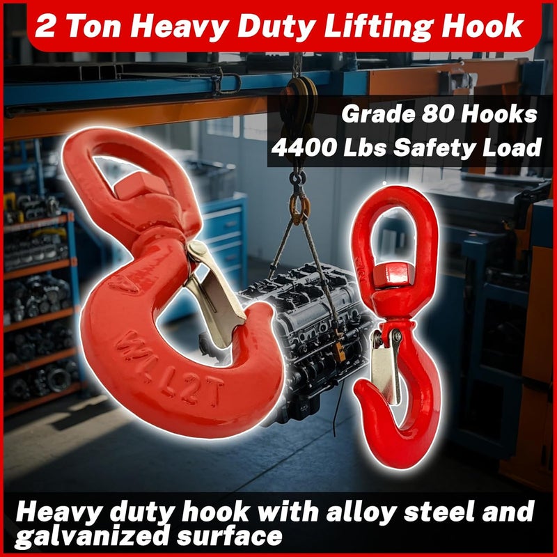 HENBOW 2 Ton Swivel Lifting Hooks,G80 Trailer Safety Chain Hooks with Latch,4400Lbs Safety Load Limit,Heavy Duty Alloy Steel Round Rotating Sling Towing Log Hook for Lifting and Towing - Image 2